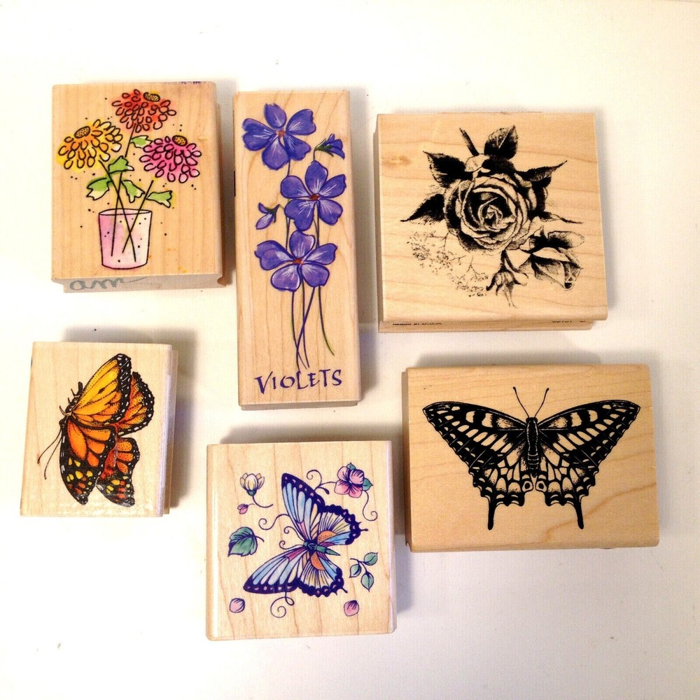 Wood Mount Rubber Stamp Set 6 Tags Flowers And Butterflies